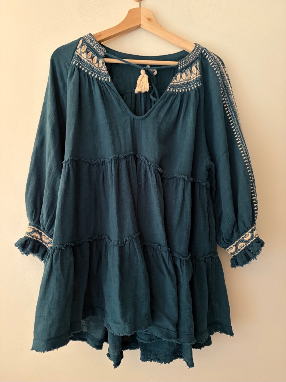 Free People Teal Embroidered Tiered Cotton Peasant Top/dress